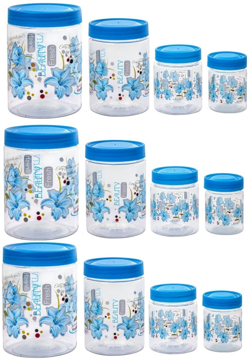 Qshare Flower Printed Storage Containers - Plastic Storage Organiser Jar Set for Kitchen with Airtight Lid Spoon, 1200ml, 650ml, 350ml & 250ml Dabba for Snacks, Grains Dry Fruits (Blue, Set Of 12pc) - Image 1
