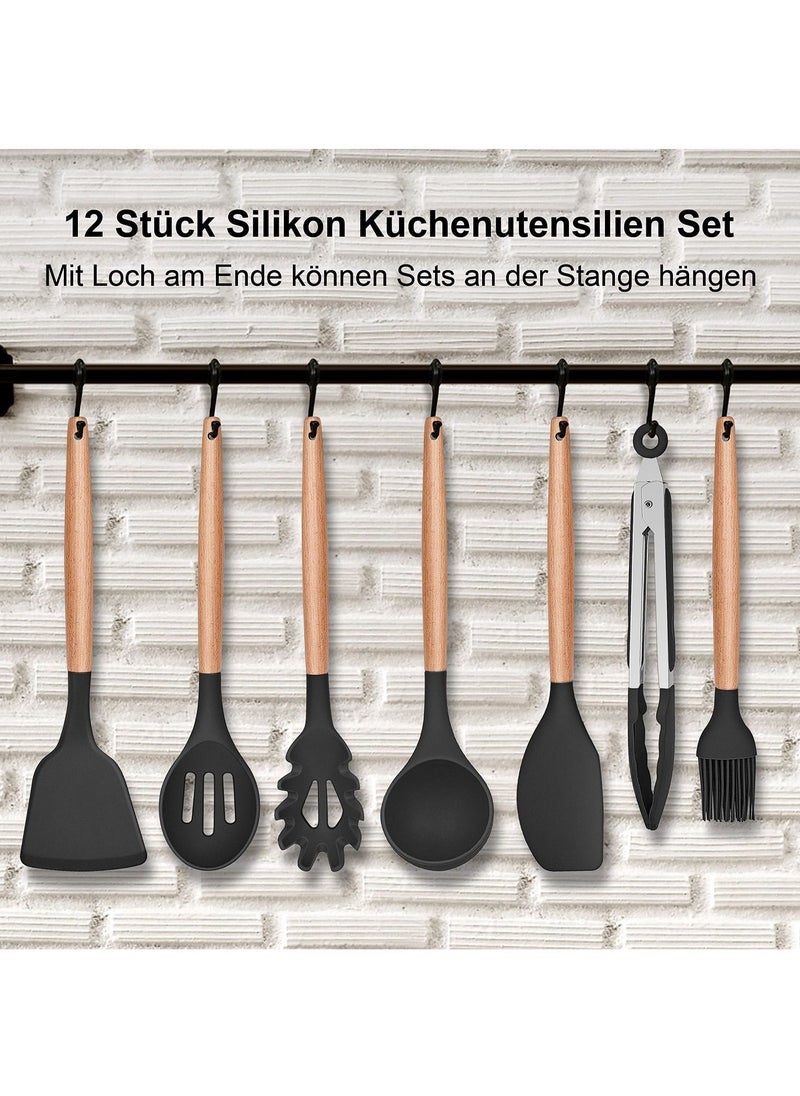 VIO 12Pcs Kitchen Utensil Set Silicone Cooking Utensils Kit Spatula Heat Resistant Wooden Spoons Gadgets Tool for Non Stick Cookware Black  - Image 5