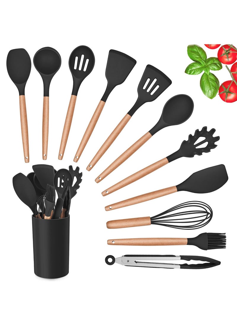 VIO 12Pcs Kitchen Utensil Set Silicone Cooking Utensils Kit Spatula Heat Resistant Wooden Spoons Gadgets Tool for Non Stick Cookware Black  - Image 1