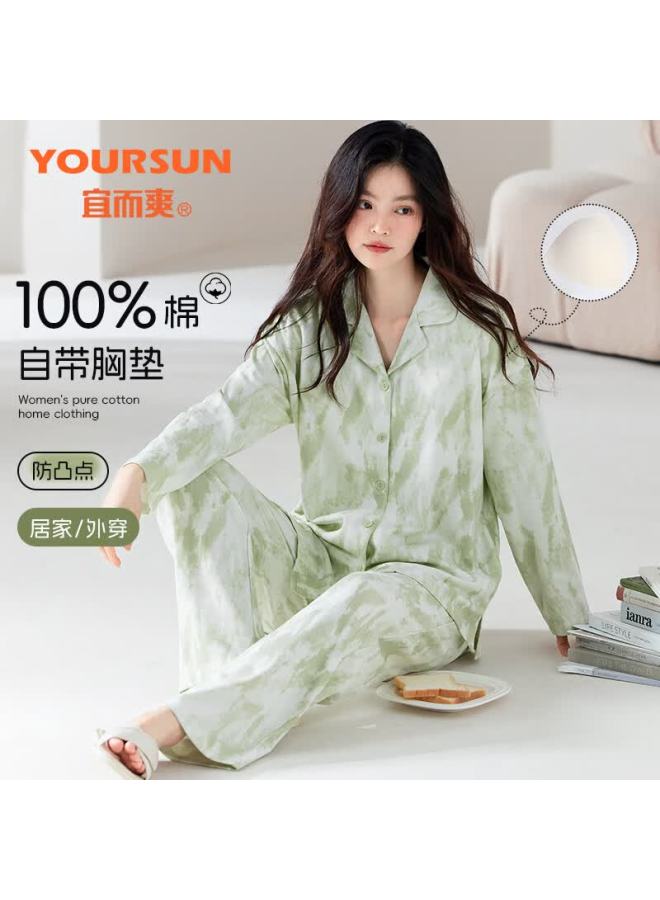 Your Sun Yiershuang Pure Cotton Padded Bra Women's Pajama Set Spring Autumn Cardigan Loose Fit Homewear Outerwear - Image 1