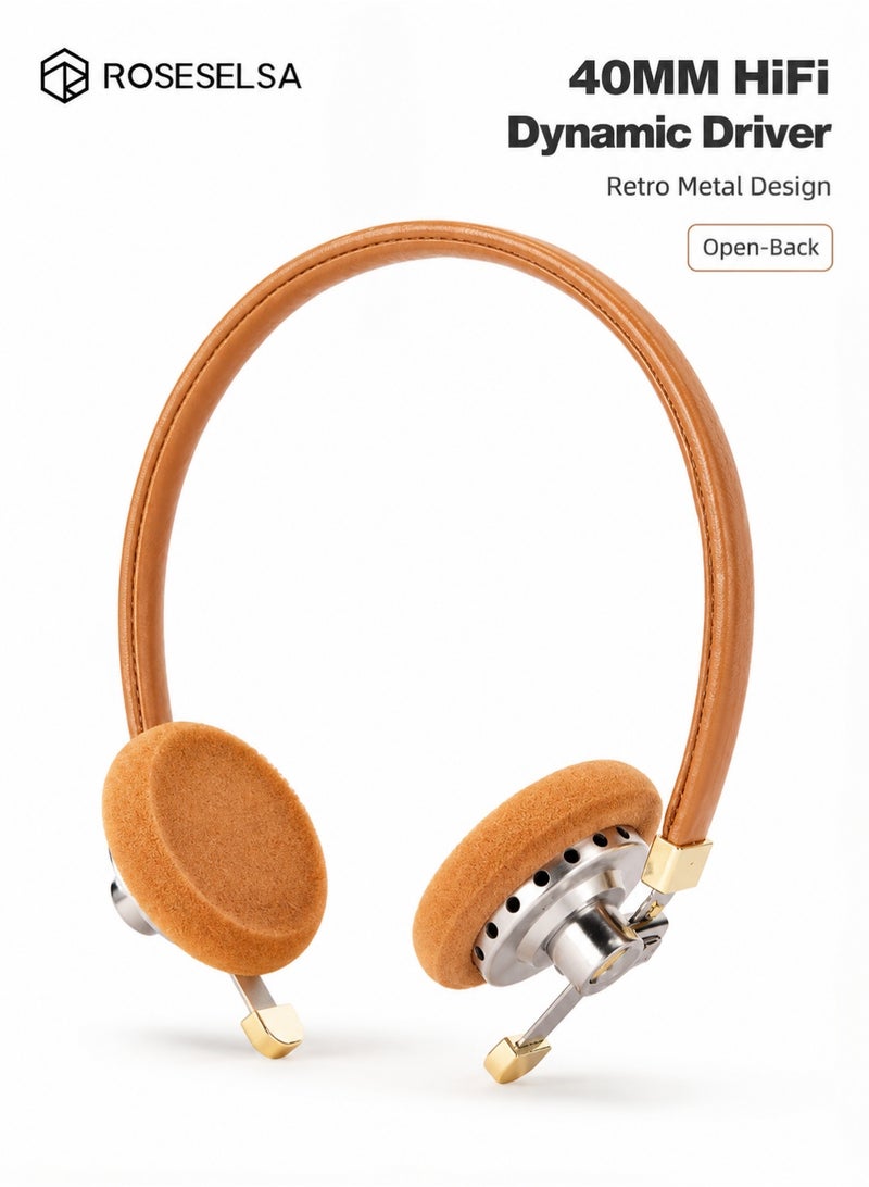 ROSESELSA Distant Mountain Retro HiFi Wired On-Ear Headphones, 40MM Dynamic Driver, Open-Back Stereo Sound, Built-In Microphone, MMCX Detachable Cable, 3.5MM Headphones for Music, Study & Office - Image 1