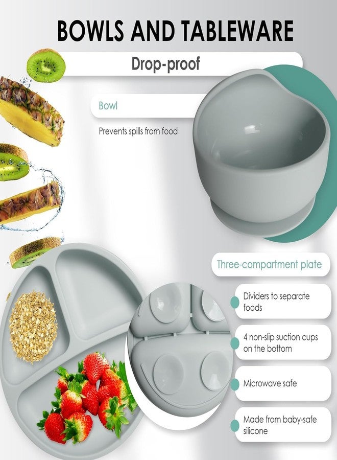 VASANGI 8-Piece Silicone Baby Feeding Set | Complete Toddler Feeding Essentials | BPA-Free Soft Silicone Tableware Set for Babies | Plate, Bowl, Spoon, Fork, Bib & Cup (Grey) - Image 3