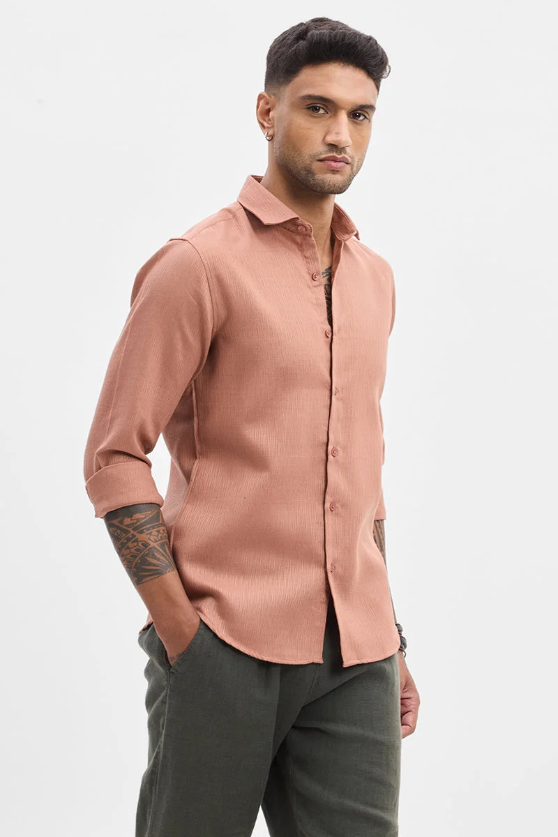 Peach Textured Long Sleeve Slim Fit Casual Shirt