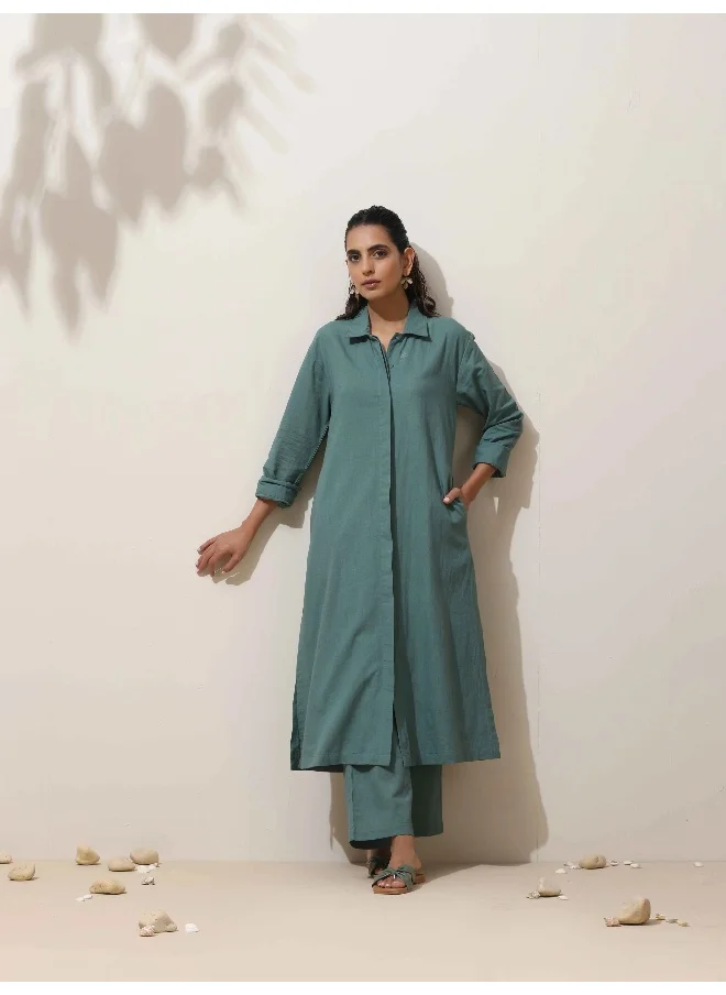 ترو برونز trueBrowns Green Cotton Kurta Pant Set