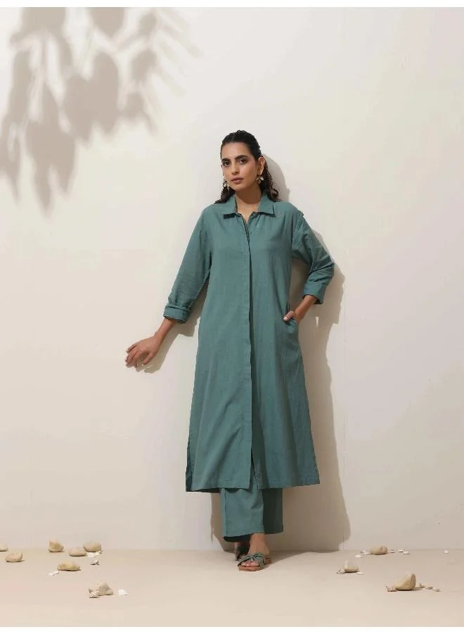ترو برونز trueBrowns Green Cotton Kurta Pant Set