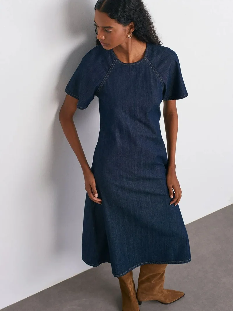 ديلفين Dilvin Cotton Denim Midi A-line Dress