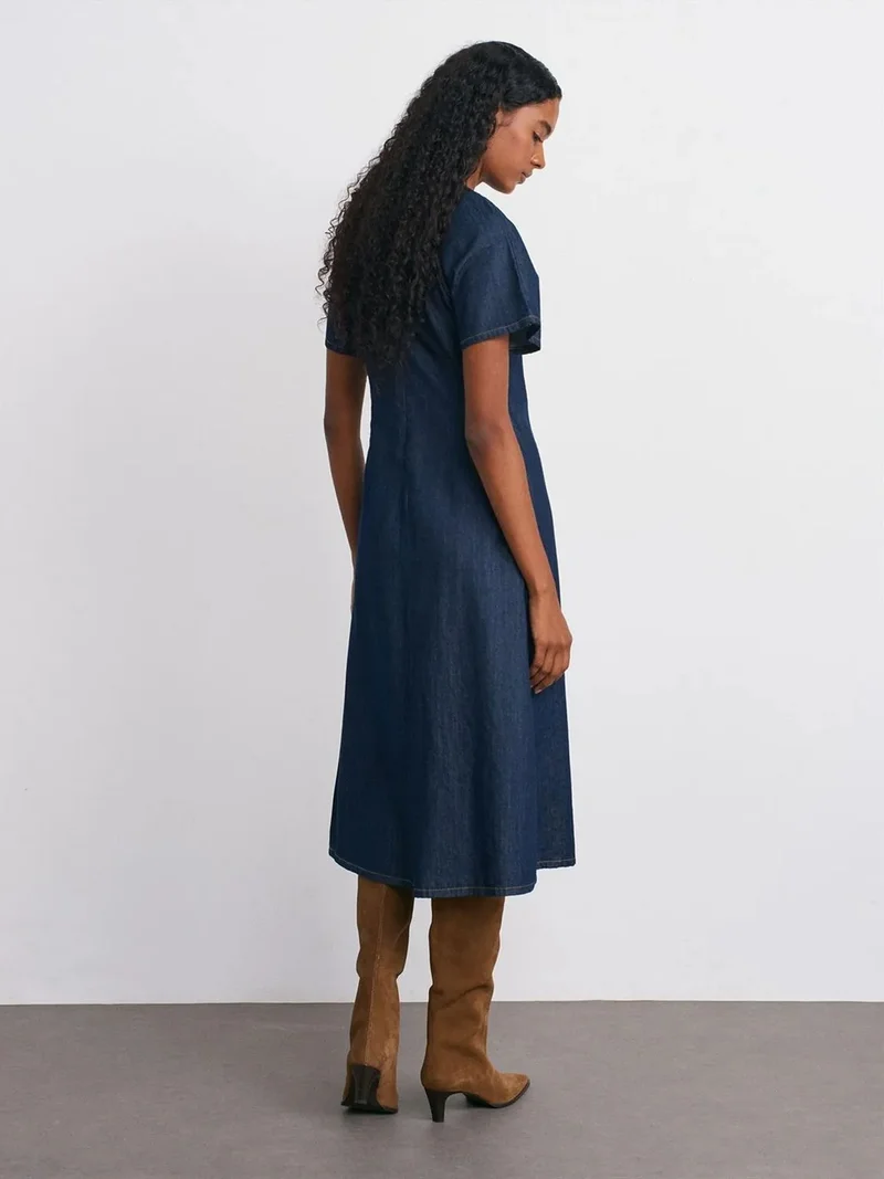 ديلفين Dilvin Cotton Denim Midi A-line Dress