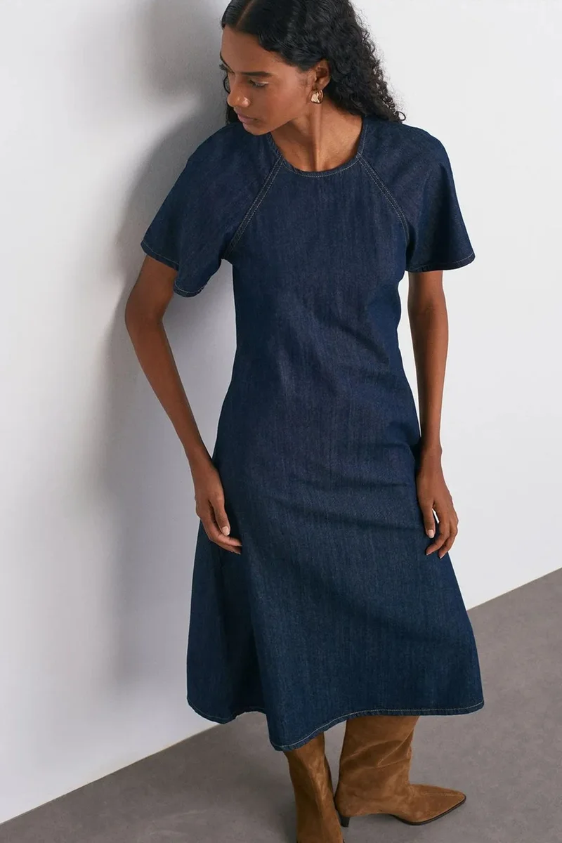 DILVIN Cotton Denim Midi A-line Dress