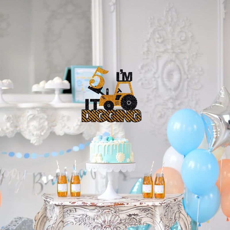 Yetxel Construction Boys 5th Birthday Cake Topper - Excavator  Bulldozer  Roller  Truck Cake Decoration - Engineering Themed Party Supplies - Image 2