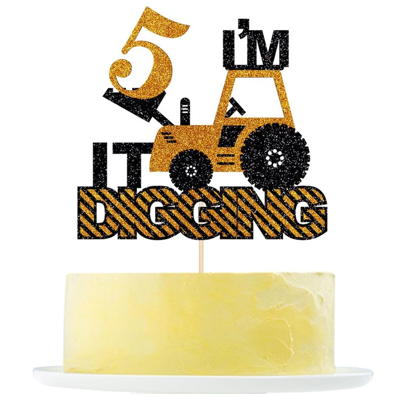 Yetxel Construction Boys 5th Birthday Cake Topper - Excavator  Bulldozer  Roller  Truck Cake Decoration - Engineering Themed Party Supplies - Image 1