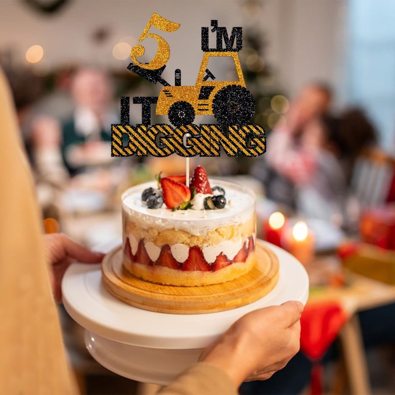 Yetxel Construction Boys 5th Birthday Cake Topper - Excavator  Bulldozer  Roller  Truck Cake Decoration - Engineering Themed Party Supplies - Image 3