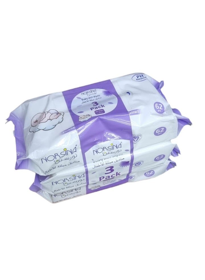 نورسينا مناديل مبللة للأطفال من نورسينا خالية من المواد الكيميائية، عبوة من 62 قطعة