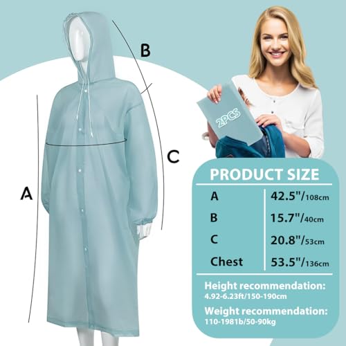 PALAY® Rain Ponchos for Adults Reusable, EVA Raincoats with Hood for Women and Men Rain Ponchos for Camping, Hiking, Music Festival, Outdoor Activities, Pack of 2, Blue - Image 2