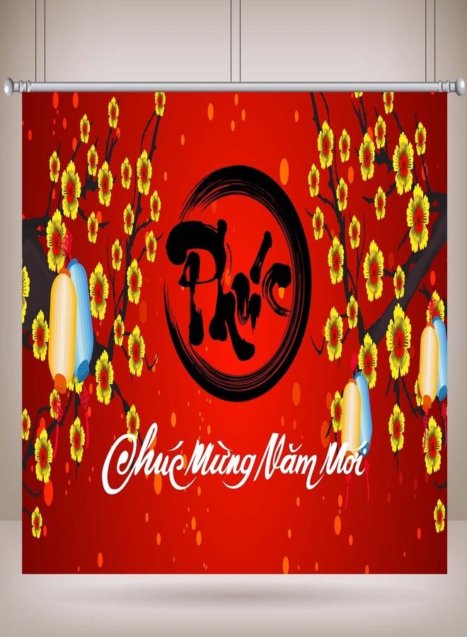 CORFOTO 7x5ft Fabric Vietnamese New Year Backdrop Happy Vietnamese New Year Backdrop Cherry Blossoms Red Lunar New Year Background Asian Festival Photo Booth Props - Image 2