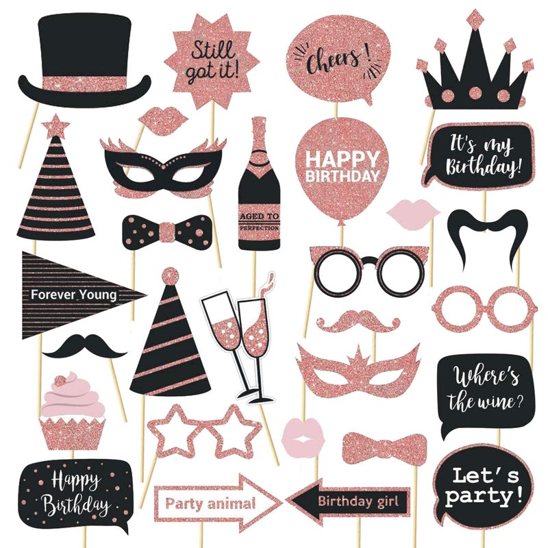 Intatikoo Party Birthday Photo Booth Props, 30Pcs Set of Happy Birthday Selfie Party Supplies with Real Glitter Cute Bday Designs for Women or Girls,Easy to Assemble(Rose Gold) - Image 1