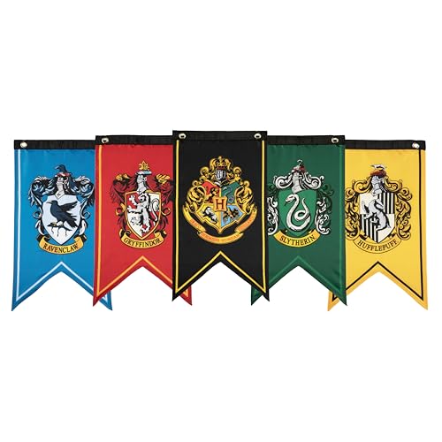 Conquest Journals Harry Potter Wizarding House Banner Flag Set, 12'' x 20'' Polyester Flags, Set of 5 Includes Hogwarts Crest, Gryffindor, Slytherin, Ravenclaw & Hufflepuff Banners, Birthday Party - Image 1