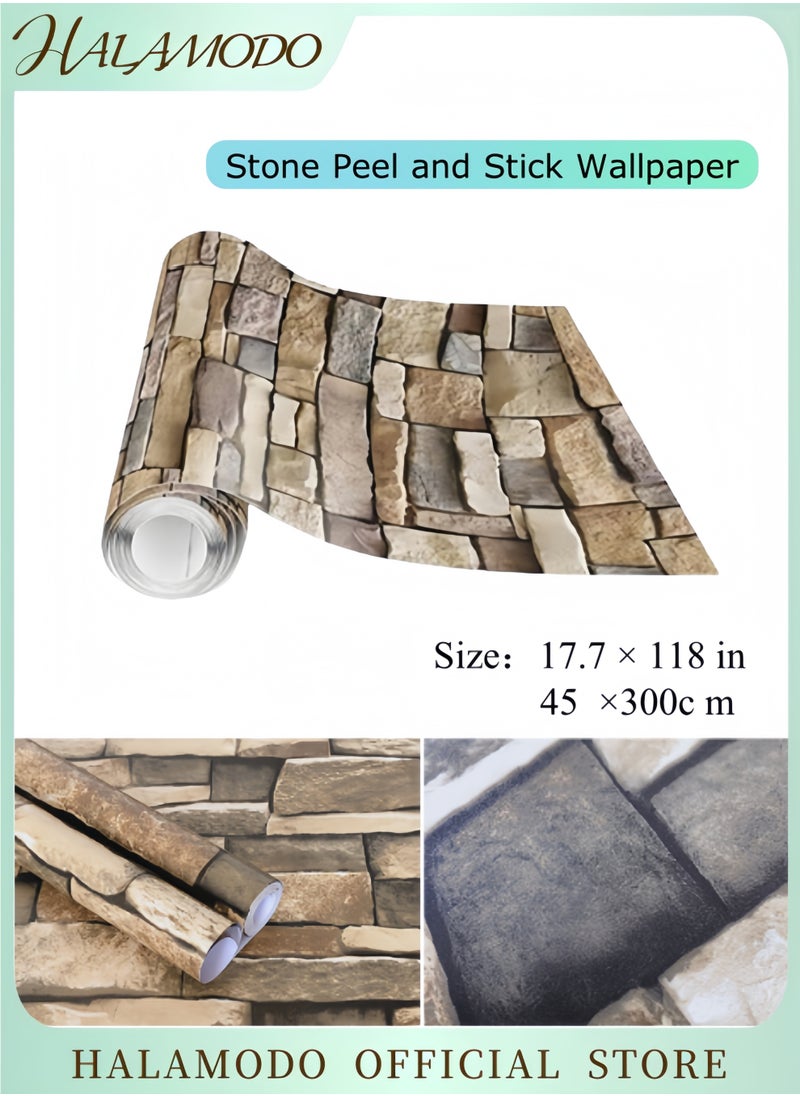 HALAMODO Stone Peel and Stick Wallpaper Rock 3D Stacked Faux Stone Contact Paper for Wall Self-Adhesive Removable Wallpaper for Bedroom Kitchen Backsplash Farmhouse Wall Paper, 17.7 × 118 in  - Image 1