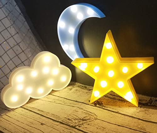 wanxing 3PCS Decorative LED Crescent Moon Cloud and Star Night Lights Lamps Marquee Signs Letters for Baby Nursery Decorations Gifts for Children Moon Cloud and Star