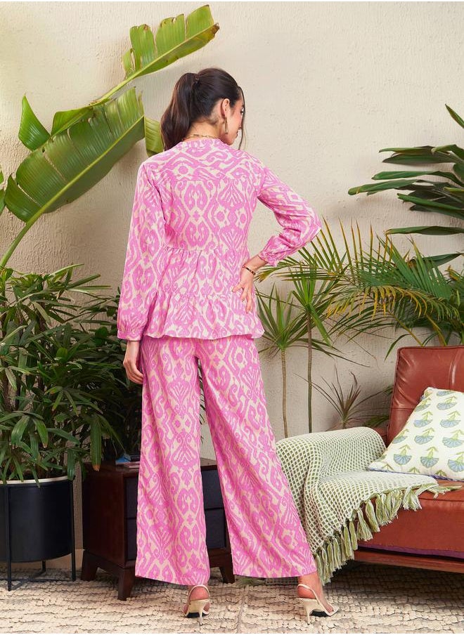 SASSAFRAS - Ikat Print Tiered Shirt with Palazzo Pants Co-Ords by Styli - Image 1