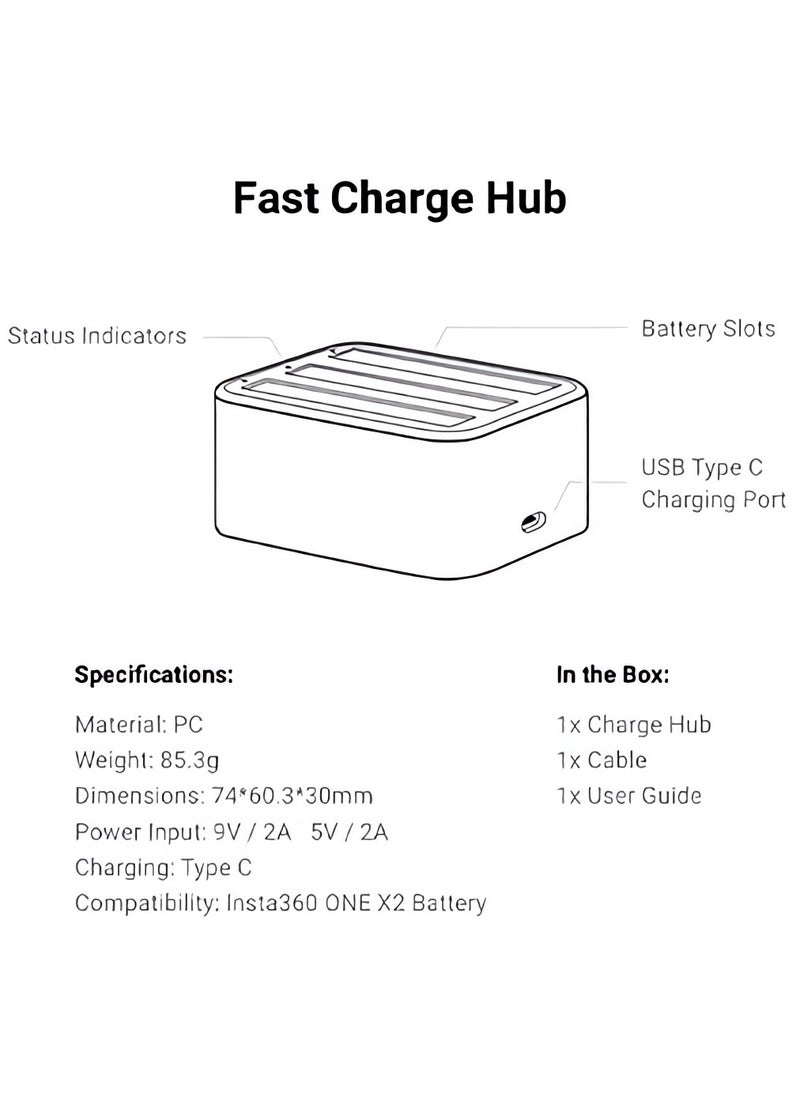 Captaintech 3-Channel Fast Battery Charger Hub for Insta360 One/X2/X3 Cameras, Includes USB Type-C Charging Cable and Accessories for Efficient Power Management.  - Image 5