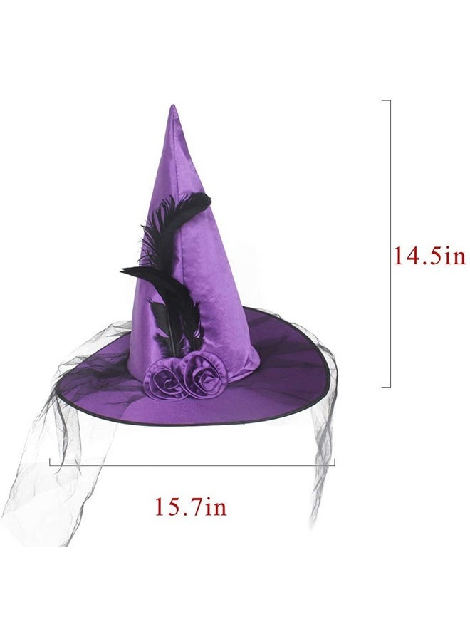 JUSTOTRY - Magic Master Purple Witch Hat For Halloween Party Hats For Women & Girls Women'S Witch Hats With Roses & Feathers(Purple) - Image 1