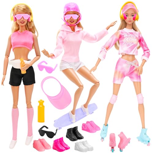 HONLAELLA 26 PCS Doll Clothes and Accessories Rollerskating Set with Skates Helmet Sun Hat Swimsuit Hoodies Fashion Top and Pants Stockings Dolls Bag Shoes Headset Glasses for 115 Inch Girls Doll - Image 1