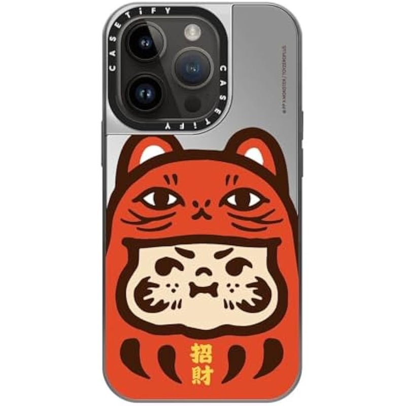 Casetify Mirror Case for iPhone 14 Pro Compatible with Magsafe - PP Baby Lucky Cat Daruma Red - Silver on Silver - Image 3