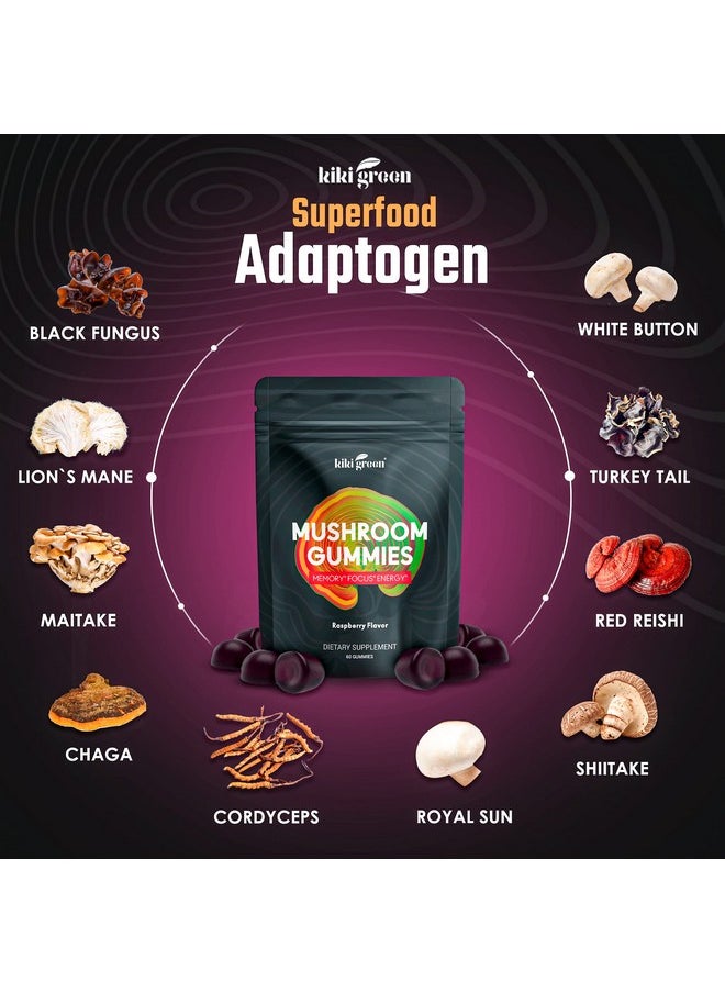 Mushroom Gummies With Lion Mane & 9 Adaptogen Mushrooms Blend Chaga Red Reishi Cordyceps Shiitake Black Fungus ; 60 Gummies 10:1 Extract