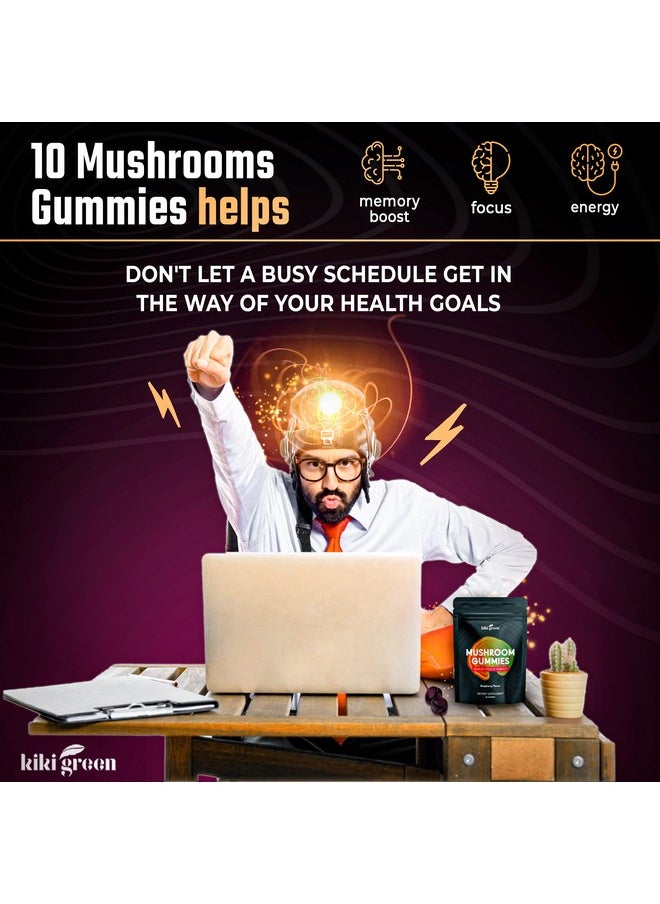 Mushroom Gummies With Lion Mane & 9 Adaptogen Mushrooms Blend Chaga Red Reishi Cordyceps Shiitake Black Fungus ; 60 Gummies 10:1 Extract