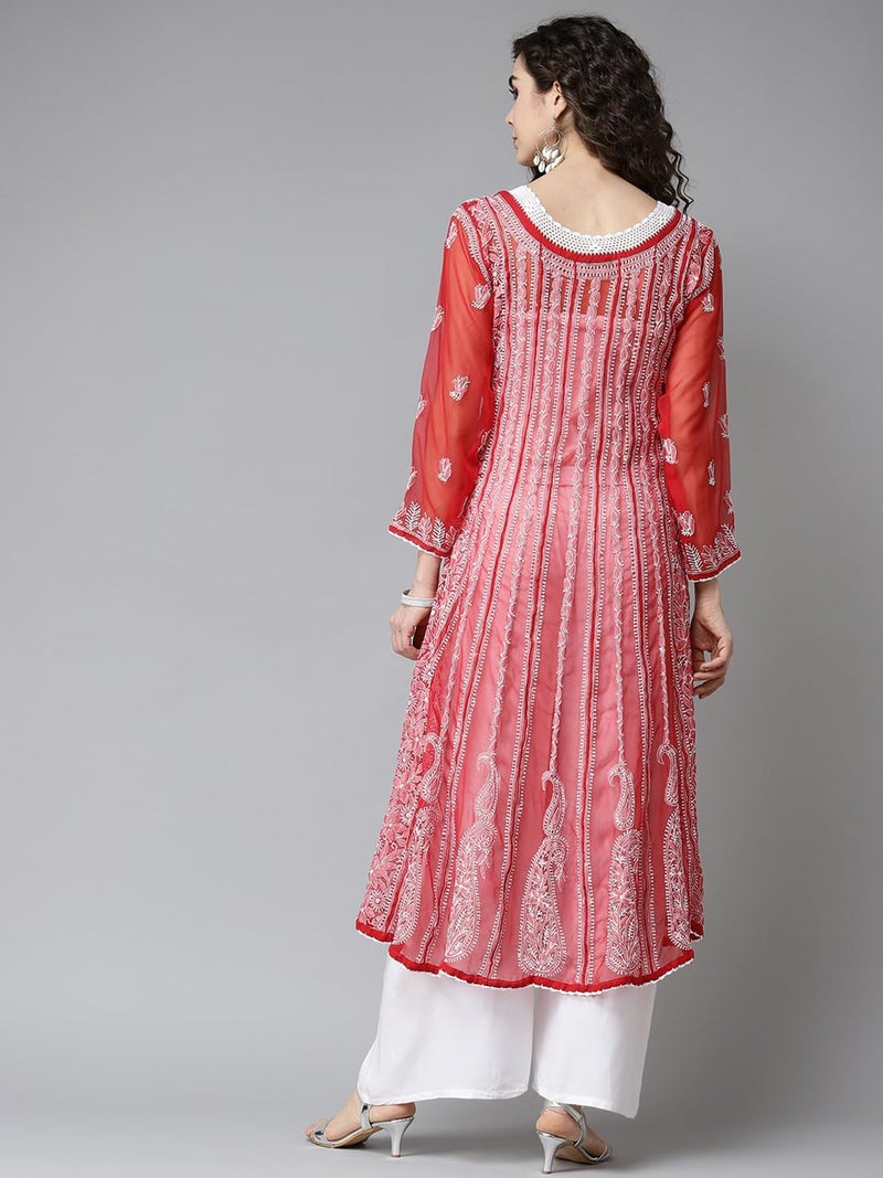 Ada Women Handmade Lucknow Chikankari Georgette Regular Fit Anarkali Kurti Kurta A411203 (5XL, Red) - Image 2
