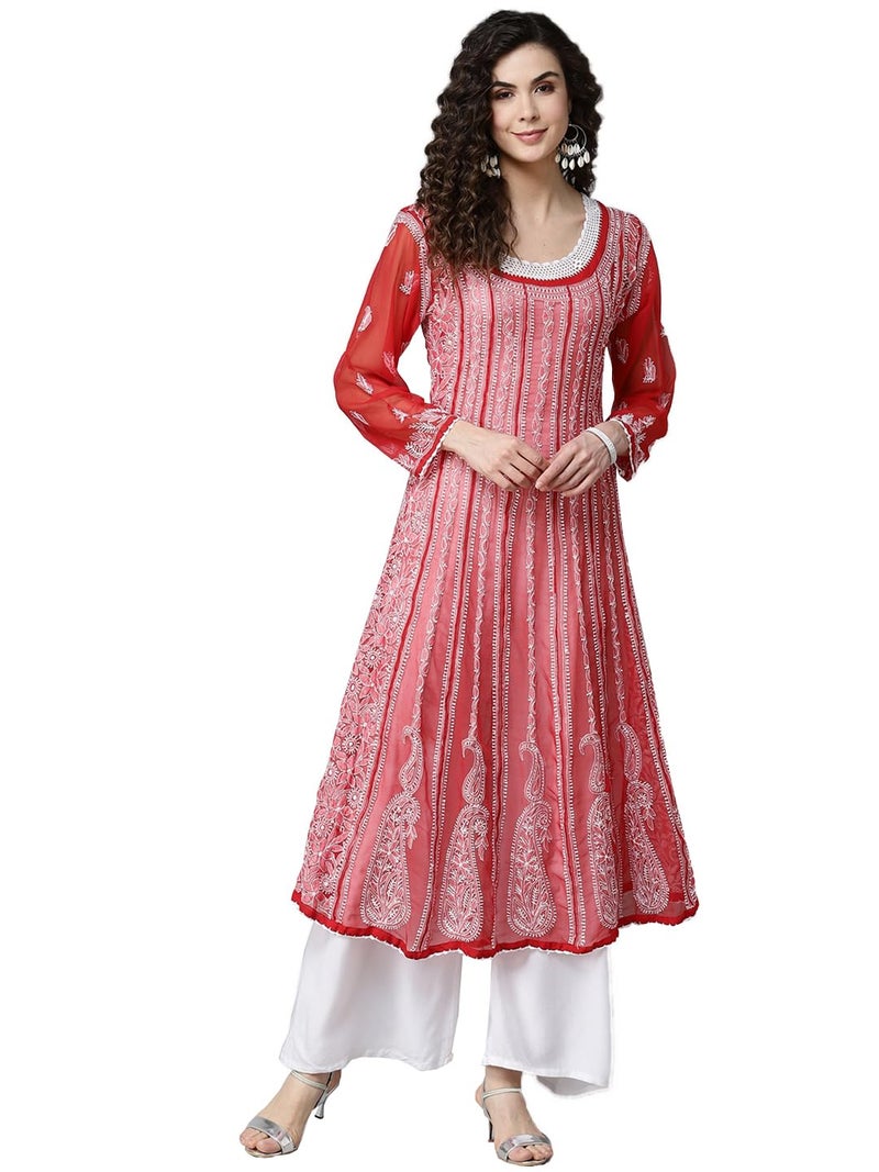 Ada Women Handmade Lucknow Chikankari Georgette Regular Fit Anarkali Kurti Kurta A411203 (5XL, Red) - Image 1