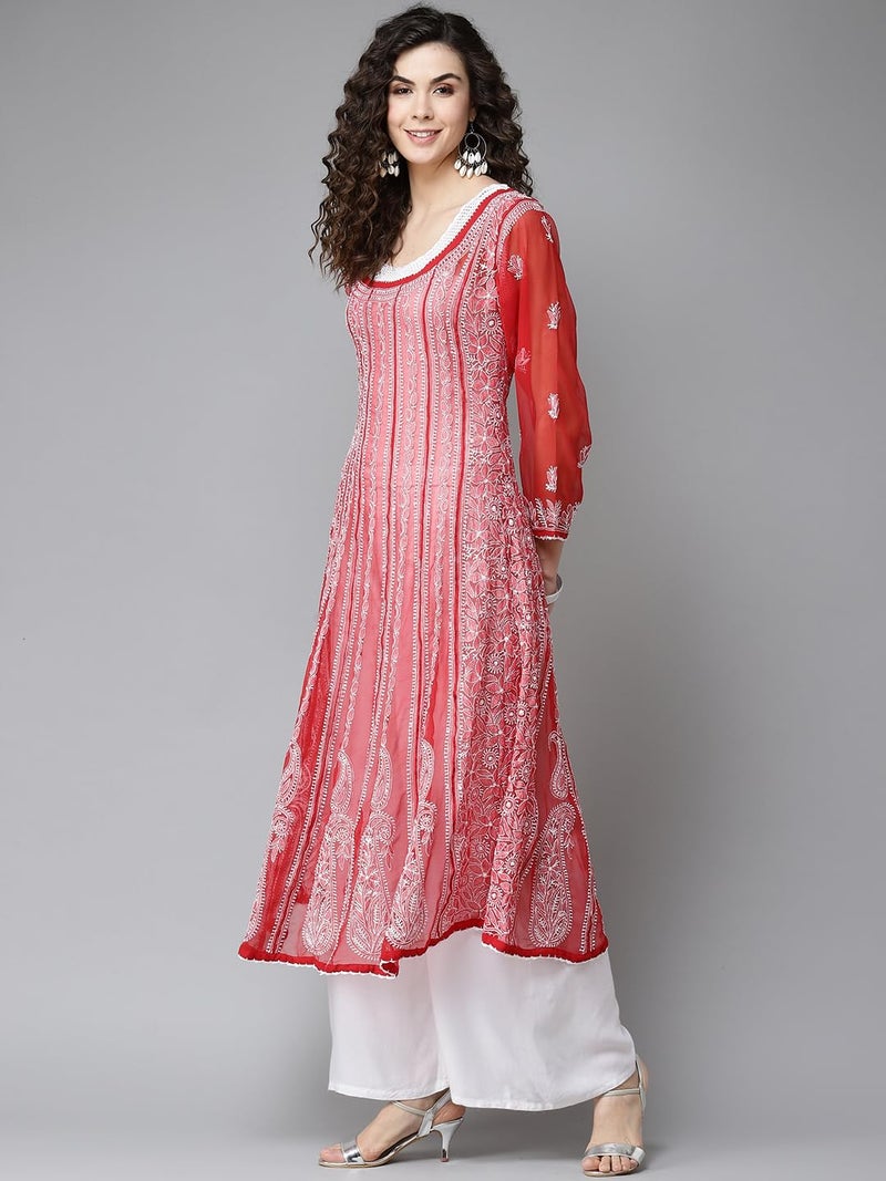 Ada Women Handmade Lucknow Chikankari Georgette Regular Fit Anarkali Kurti Kurta A411203 (5XL, Red) - Image 4