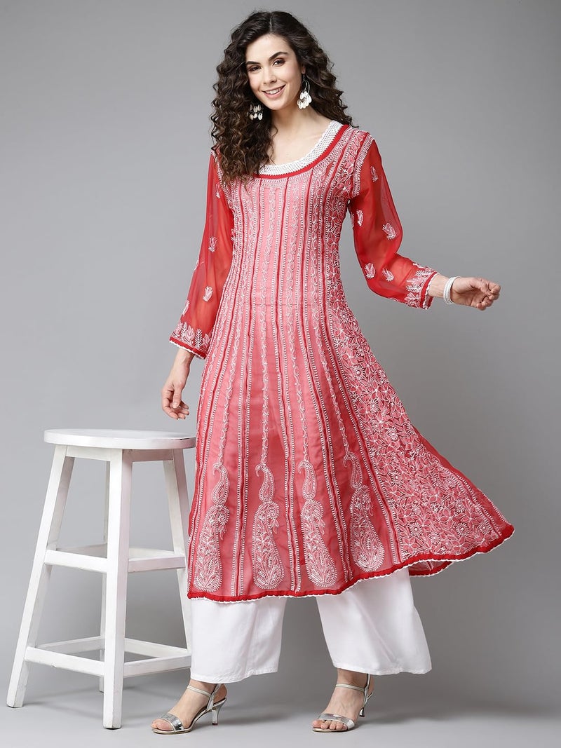 Ada Women Handmade Lucknow Chikankari Georgette Regular Fit Anarkali Kurti Kurta A411203 (5XL, Red) - Image 5