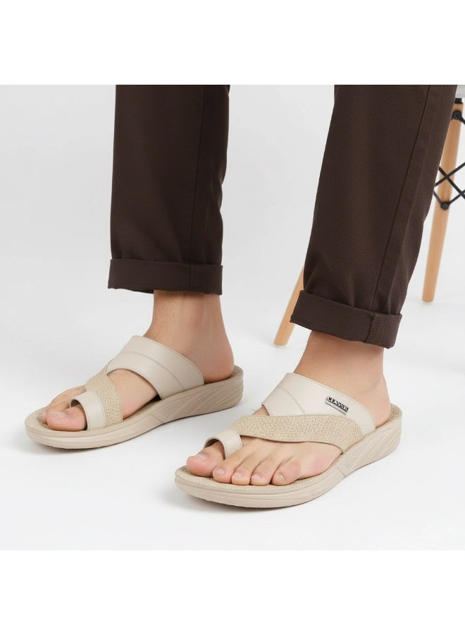 Men's beige leather slippers – a modern, comfortable design with high-quality materials and a cushioned orthopedic insole – ideal for everyday wear and outings - Image 1