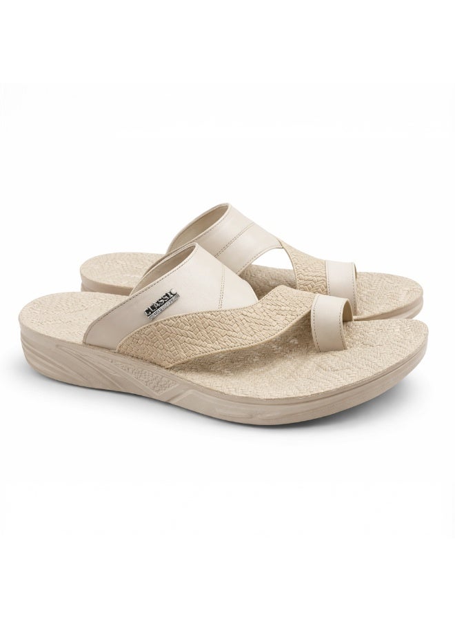 Men's beige leather slippers – a modern, comfortable design with high-quality materials and a cushioned orthopedic insole – ideal for everyday wear and outings - Image 2