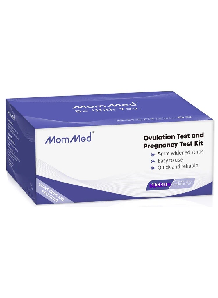 موم ميد مجموعة اختبار التبويض من  (HCG15-LH40)، 15 شريطًا للحمل و40 شريطًا لاختبار التبويض مع 55 كوبًا للبول، اختبار الحمل المبكر الموثوق والسريع - Image 1