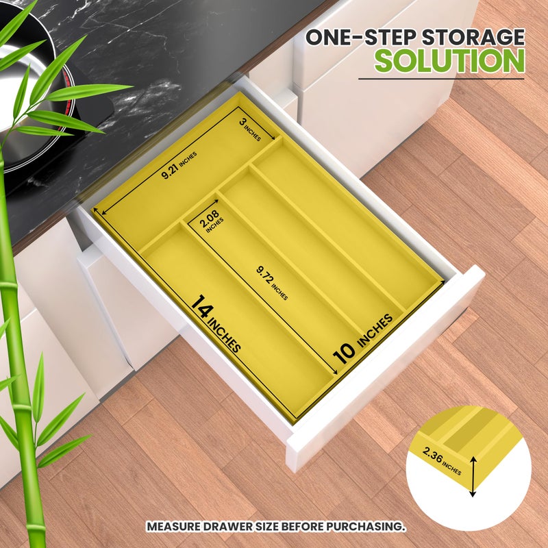 Utopia Kitchen Silverware Organizer, Bamboo Utensil Drawer Organizer for Cutlery, Utensils & Flatware (5 Compartment, Yellow) Pack of 1 - Image 2