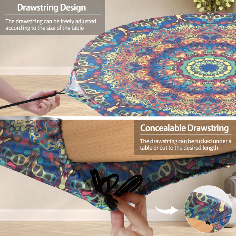 opstellen Round Tablecloth Waterproof Boho Fitted Vinyl Table Cloth Summer Fall Outdoor Circle Cover for 36-44" Tables Kitchen Dining Apartment Essentials Camping Picnic Party Decor Housewarming Gifts - Image 3