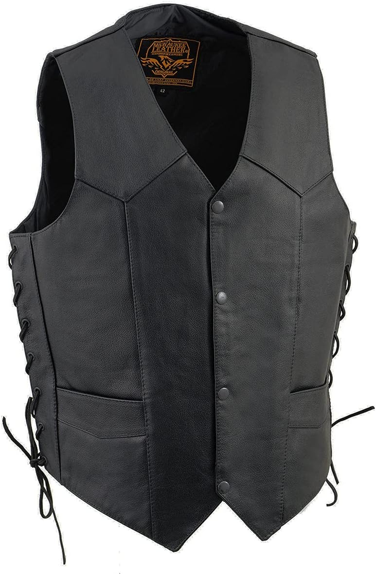Milwaukee Leather سترة راكب دراجة نارية من جلد ميلووكي للرجال باللون الأسود بتصميم كلاسيكي على شكل حرف V مع أربطة جانبية - Image 1