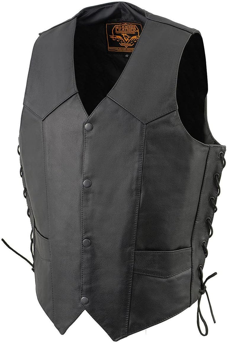 Milwaukee Leather سترة راكب دراجة نارية من جلد ميلووكي للرجال باللون الأسود بتصميم كلاسيكي على شكل حرف V مع أربطة جانبية - Image 5