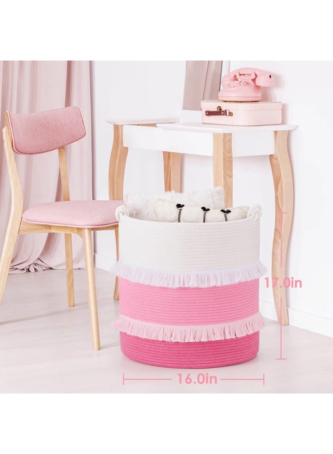 CherryNow (X-Large -Pink) - Extra Large Woven Storage Baskets - 41cm x 43cm Cotton Rope Decorative Pink Hamper for Nursery, Toys, Blankets, and Laundry, Cute Tassel Nursery Decor for Baby & Girl - Image 2