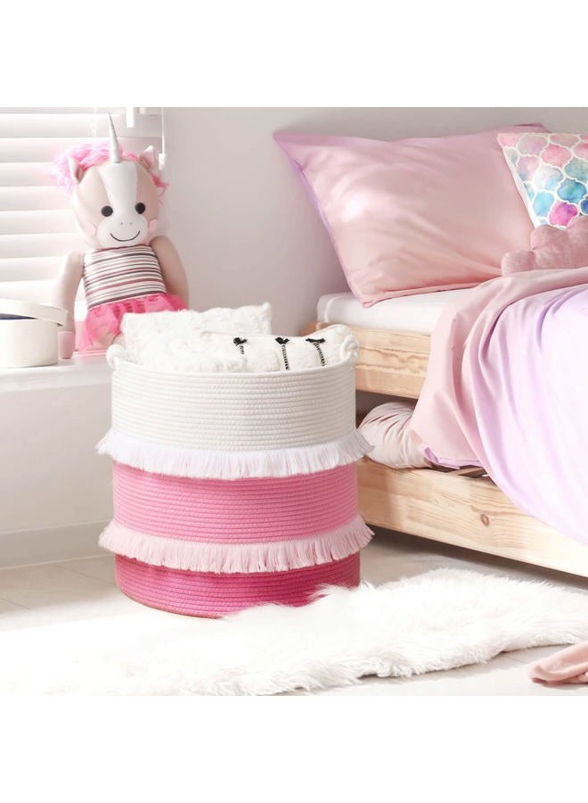 CherryNow (X-Large -Pink) - Extra Large Woven Storage Baskets - 41cm x 43cm Cotton Rope Decorative Pink Hamper for Nursery, Toys, Blankets, and Laundry, Cute Tassel Nursery Decor for Baby & Girl - Image 3