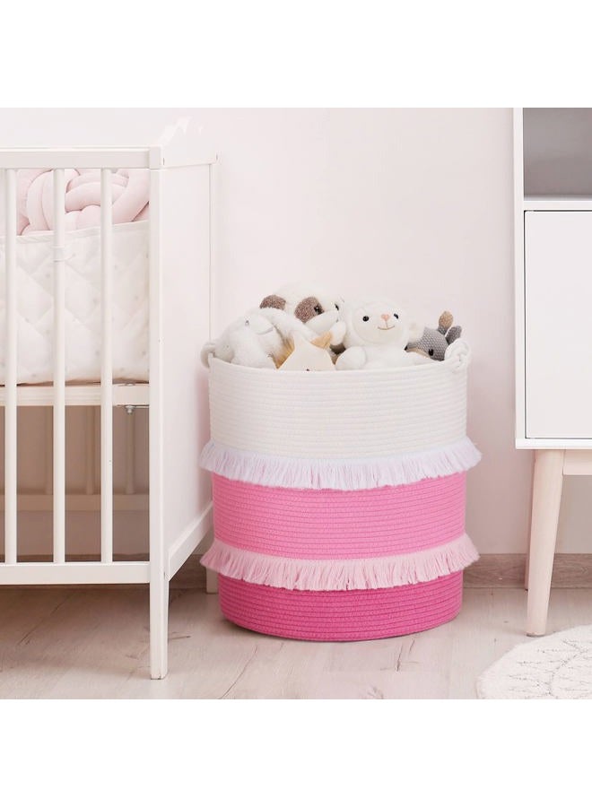 CherryNow (X-Large -Pink) - Extra Large Woven Storage Baskets - 41cm x 43cm Cotton Rope Decorative Pink Hamper for Nursery, Toys, Blankets, and Laundry, Cute Tassel Nursery Decor for Baby & Girl - Image 5