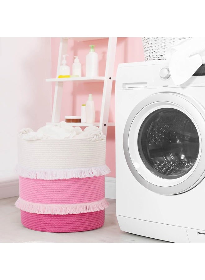 CherryNow (X-Large -Pink) - Extra Large Woven Storage Baskets - 41cm x 43cm Cotton Rope Decorative Pink Hamper for Nursery, Toys, Blankets, and Laundry, Cute Tassel Nursery Decor for Baby & Girl - Image 4