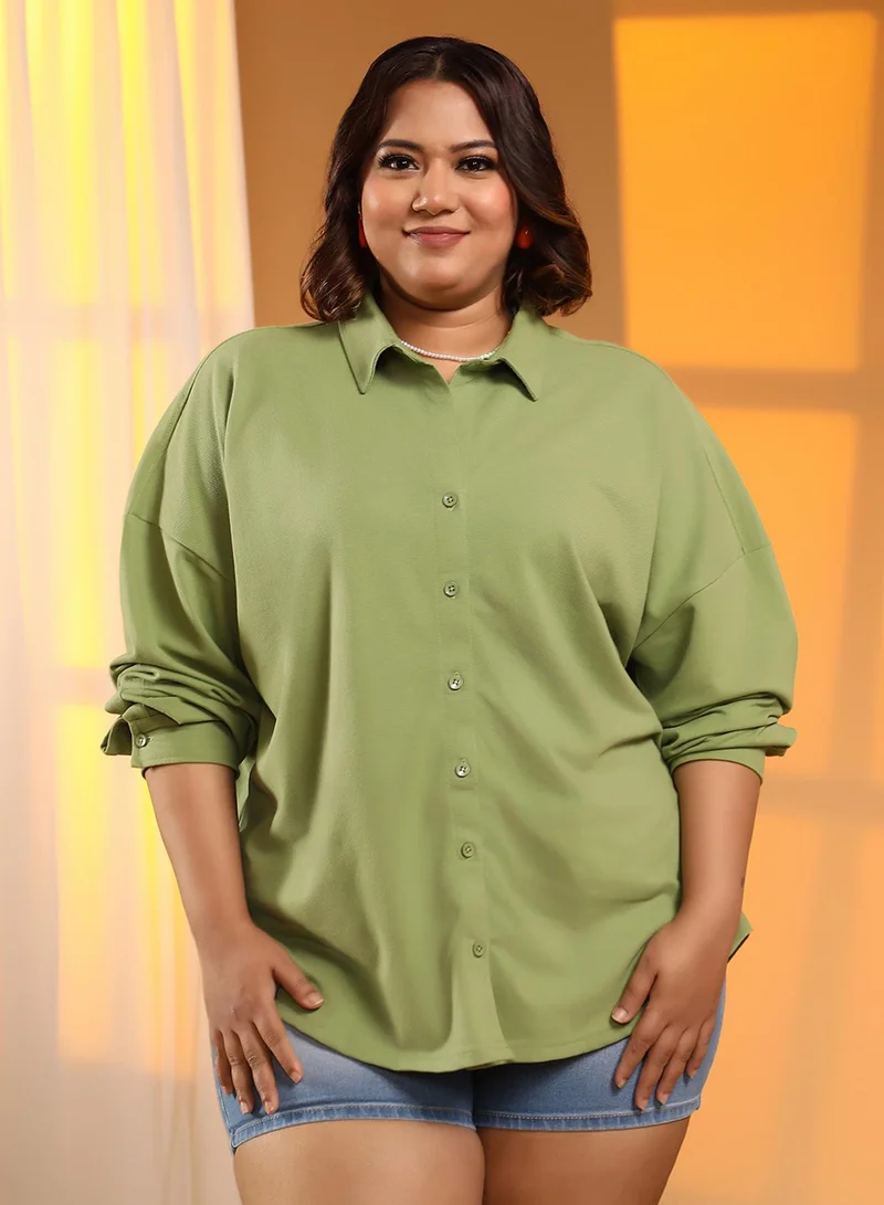 Instafab Plus Women's Pistachio Green Solid Oversized Shirt