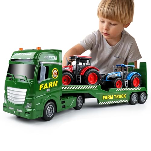 Dwi Dowellin Large Flatbed Semi Truck Toy for KidsIncludes Farm VehiclesCar Toy Birthday Gift for 2 3 4 5 Years Old Boys and Girls - Image 1