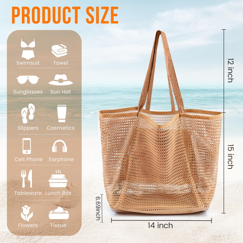 HOHOM Beach Bags for Women, Summer Travel Mesh Tote Bag with Large Inner Pocket, Sandproof Woven Shoulder Handbag Swim Pool Bag, Suit for Family Vacation Essentials - Image 2