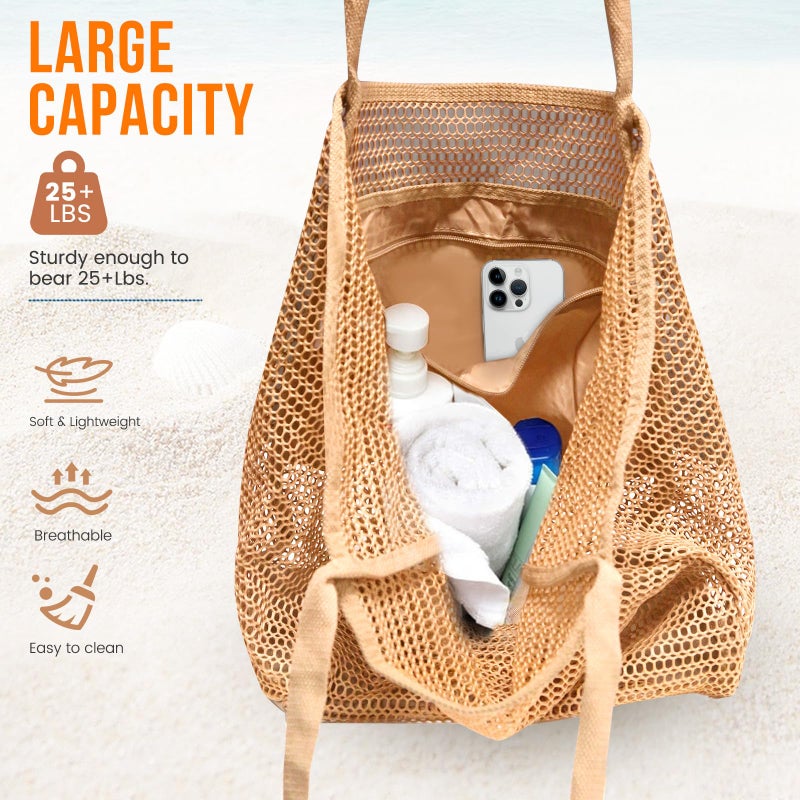 HOHOM Beach Bags for Women, Summer Travel Mesh Tote Bag with Large Inner Pocket, Sandproof Woven Shoulder Handbag Swim Pool Bag, Suit for Family Vacation Essentials - Image 3