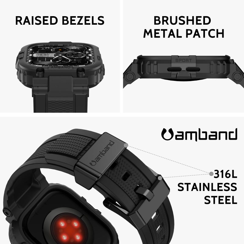 amBand حافظة أشرطة amBand متوافقة مع ساعة آبل سيريس 11/10 46 مم للرجال، غلاف رياضي متين M1، حزام تكتيكي بغطاء ثقيل للحماية من الدرجة العسكرية لساعة iWatch 46 مم للرجال، أسود - Image 2