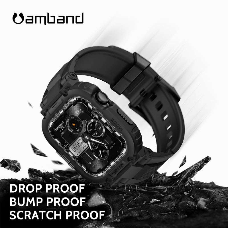 amBand حافظة أشرطة amBand متوافقة مع ساعة آبل سيريس 11/10 46 مم للرجال، غلاف رياضي متين M1، حزام تكتيكي بغطاء ثقيل للحماية من الدرجة العسكرية لساعة iWatch 46 مم للرجال، أسود - Image 3